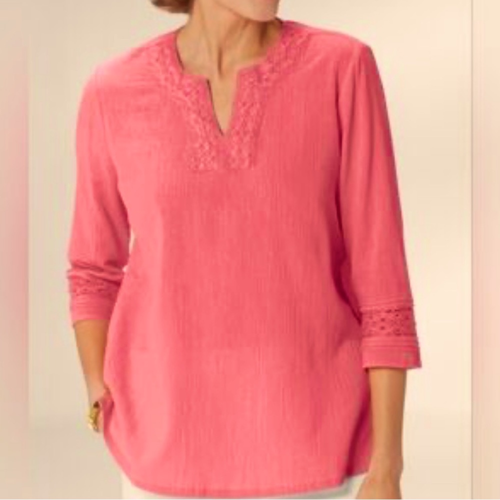 Appleseed’s Coral Pink‎ Cotton Embroidered Lace Split Neck Tunic Top Small EUC